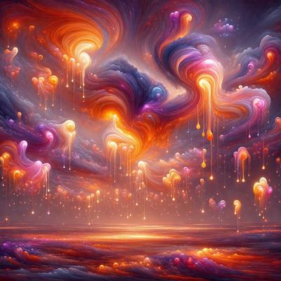 The primary subject of the image is a vibrant and colorful painting of a cloudy sky. The setting is a cloudy sky with a sunset, creating a warm and inviting atmosphere. The visual style is a digital art or illustration, showcasing the artist's creativity and skill. The colors and mood are predominantly warm and bright, with a mix of oranges, pinks, and purples, giving the painting a lively and dynamic appearance.